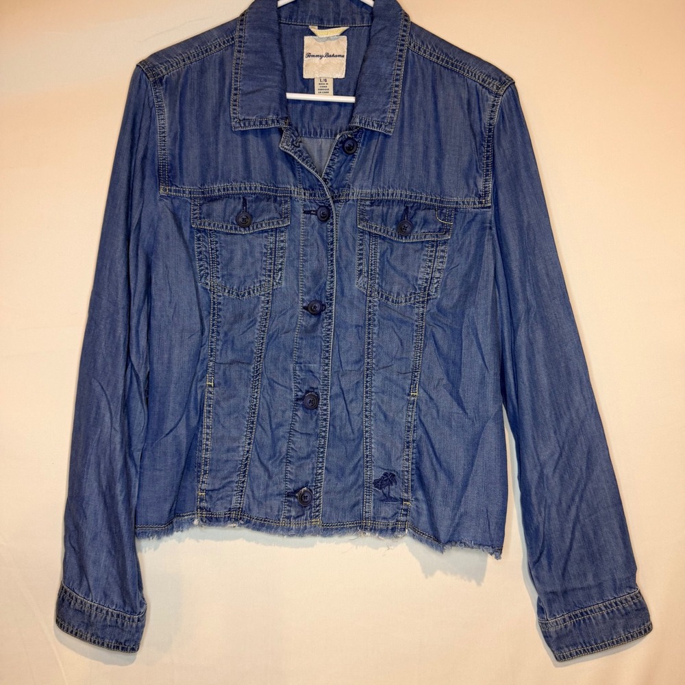 Tommy Bahama Womens Blue Frayed Hem Denim Look Jacket Palm Tree Logo Large